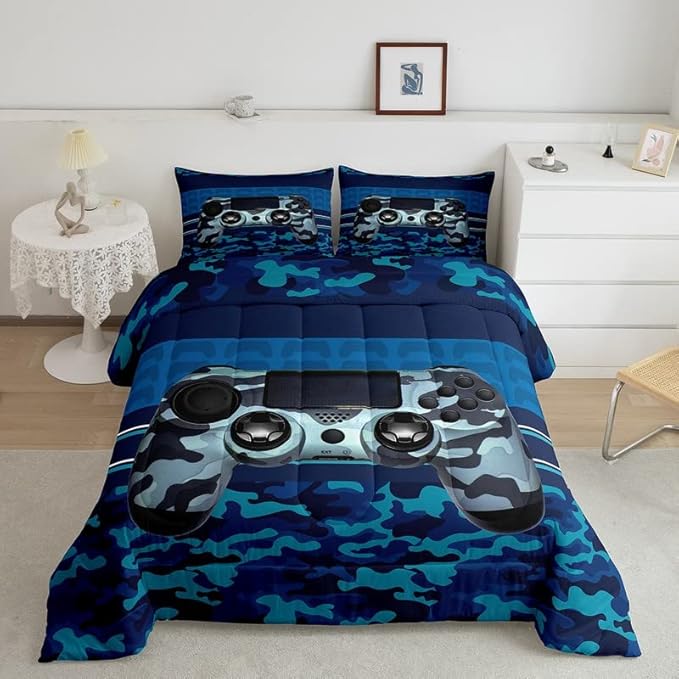 Feelyou Gamer Comforter Set Camouflage Gaming Video Game Bedding Set for Kids Boys Children Blue Camo Gamer Console Comforter Soft Gamepad Decor Quilt Set Twin Size