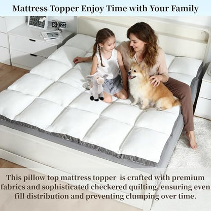 Memory Foam Mattress Topper Full - Pillow Top Mattress Topper Full Size, Soft Plush Bed Pad for Pressure Relief and Back Support, White, Oeko-TEX Certified - 2000GSM