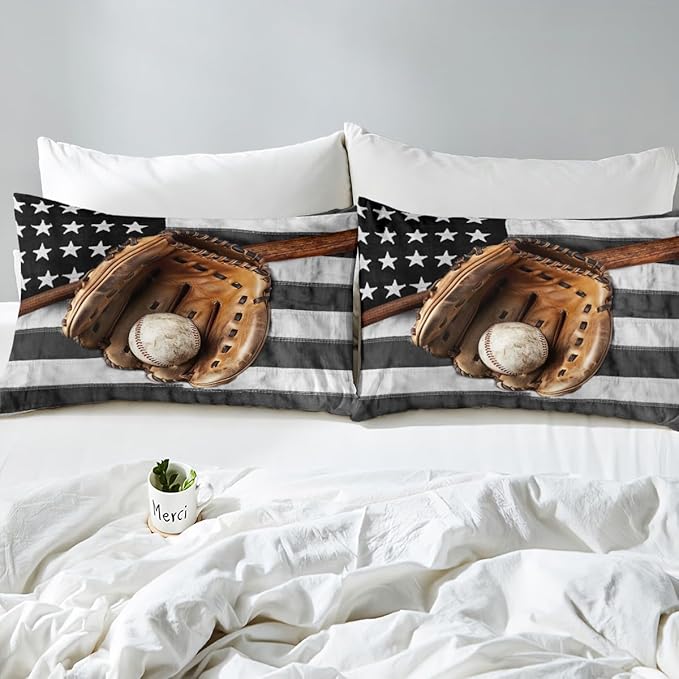 Castle Fairy Sports Theme Duvet Cover Queen,Old Baseball Glove Bat Comforter Cover for Boys Men,Vintage Stars Flag Ultra Soft Bedding Set,Grey White Stripes Bedroom Decor Bedspread,No Comforter