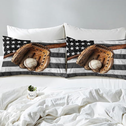 Castle Fairy Sports Theme Duvet Cover Queen,Old Baseball Glove Bat Comforter Cover for Boys Men,Vintage Stars Flag Ultra Soft Bedding Set,Grey White Stripes Bedroom Decor Bedspread,No Comforter