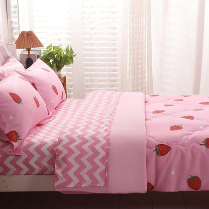 Strawberry Comforter Bedding Set Twin Size for Girls 7 Piece Pink Kawaii Comforter Set Bed in A Bag for Kids Teens All Season (1 Comforter,1 Flat Sheet,1 Fitted Sheet and 4 Pillow Sham)