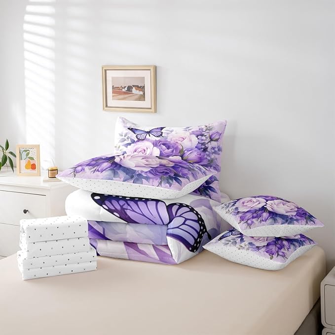 Feelyou Purple Rose 7 Piece Bedding Set King Size Butterfly Comforter Set with Sheets for Women Girls Teens Floral Flower Bed in a Bag Romantic Bed Set