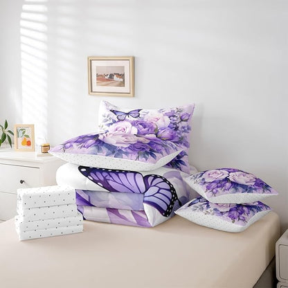 Feelyou Purple Rose 7 Piece Bedding Set King Size Butterfly Comforter Set with Sheets for Women Girls Teens Floral Flower Bed in a Bag Romantic Bed Set