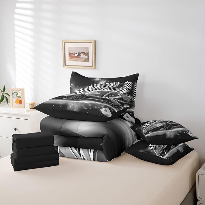 Feelyou Grey Racing Car 7 Piece Bedding Set Full Size Extreme Sport Comforter Set with Sheets for Kids Boys Girls Teens Toddler Fast and Furious Bed in a Bag Black White Flag Bed Set