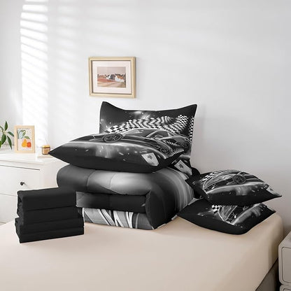 Feelyou Grey Racing Car 7 Piece Bedding Set Full Size Extreme Sport Comforter Set with Sheets for Kids Boys Girls Teens Toddler Fast and Furious Bed in a Bag Black White Flag Bed Set