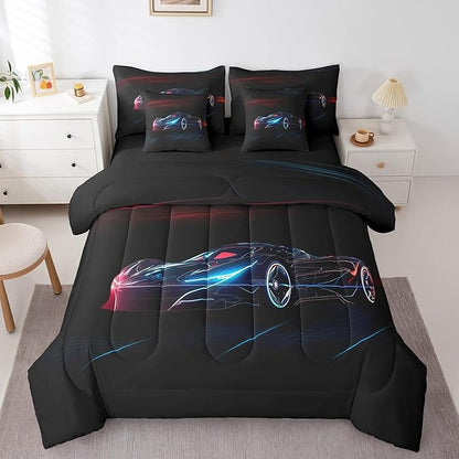 Feelyou Red Blue Race Car 7 Piece Bedding Set King Size for Kids Boys Extreme Sport Games Comforter Set with Sheets Teens Toddler Fast and Furious Bed in a Bag Cool Modern Bed Set