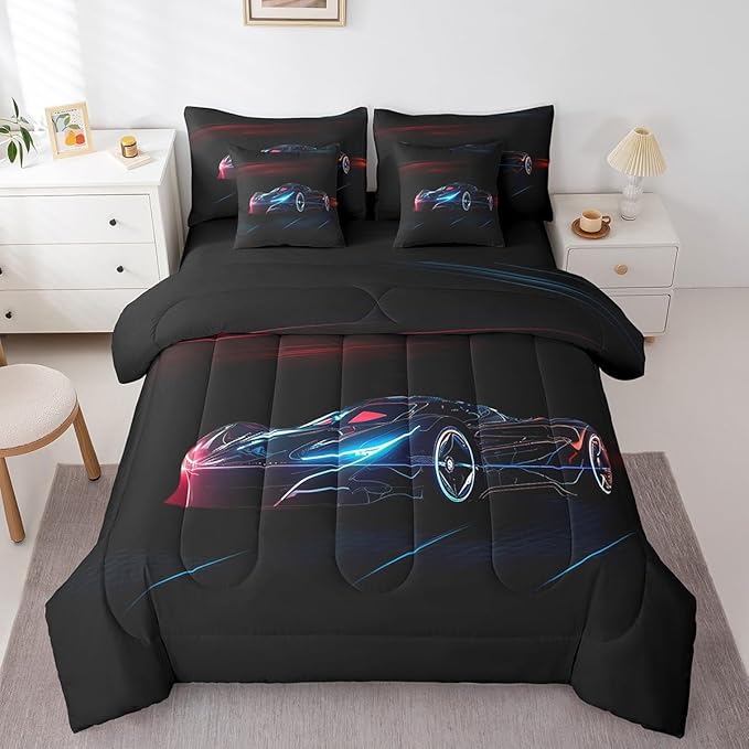 Feelyou Red Blue Race Car 7 Piece Bedding Set Queen Size for Kids Boys Extreme Sport Games Comforter Set with Sheets Teens Toddler Fast and Furious Bed in a Bag Cool Modern Bed Set