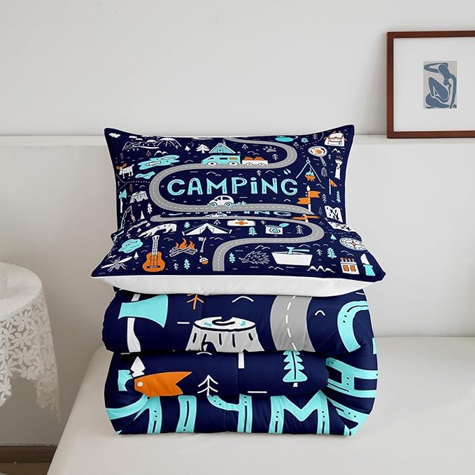 Feelyou Kids Camper Bedding Set Twin Cute Happy Camping Comforter for Boys Girls Farmhouse Rustic Wild Adventure Bedroom Decor Comforter Set Blue Nature Wildlife Quilted Set with 1 Pillow Case