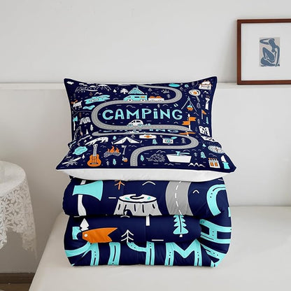 Feelyou Kids Camper Bedding Set Twin Cute Happy Camping Comforter for Boys Girls Farmhouse Rustic Wild Adventure Bedroom Decor Comforter Set Blue Nature Wildlife Quilted Set with 1 Pillow Case