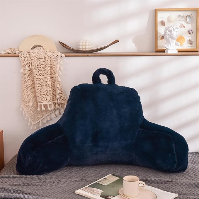 Holawakaka Medium Faux Fur Bed Rest Pillow with Arms,Rabbit Fur Reading Pillows Perfect for Teens Kids Petites, Arm, Back, Pregnancy Lumbar & Head Neck Coccyx Lower Back Support Cushion (Blue)