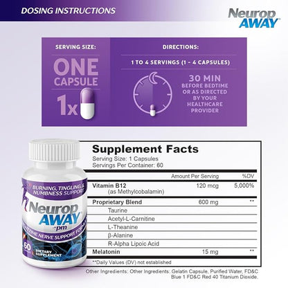 NeuropAWAY Nerve Support PM, with R-Alpha Lipoic Acid to Help Provide Nerve Relief in as Little as 5 Days, Acetyl-L-Carnitine, Theanine, Melatonin, and Methylcobalamin, 60 Capsules