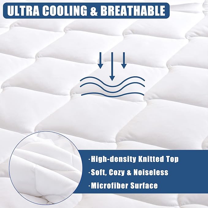 Twin Size Quilted Fitted Mattress Pad, Waterproof Breathable Cooling Mattress Protector, Stretches up to 21 Inches Deep Pocket Hollow Cotton Alternative Filling Noiseless Mattress Cover