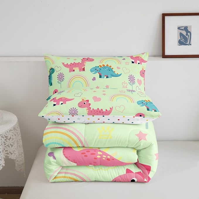 Kawaii Dino Kids Bedding Sets Cute Rainbow Floral Love Heart Reversible Comforter for Boys Pink Green Dinosaur Lovely Animal Quilt Set Soft Duvet Insert,1 Pillowcase Toddler Size