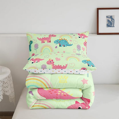 Castle Fairy Kawaii Dino Bedding Sets Full Size,Cute Rainbow Floral Love Heart Reversible Down Comforter Breathable Polyester Quilt Set,Pink Green Dinosaur Lovely Animal Duvet Insert,2 Pillowcases