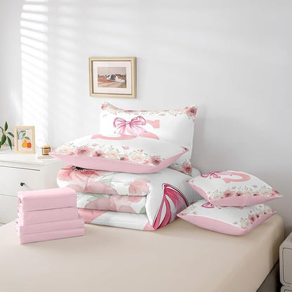 Erosebridal Initial S Letter Bed in A Bag Kawaii Princess Bowknot Girls Twin Bedding Sets Dreamy Romantic Bow Bed Set Bedroom Decor Flower Princess Style Bowknot Comforter Set with Sheets for Kids