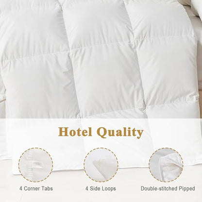 100% Organic Feather Down Comforter Oversized Queen, Luxury Extra-Fluffy Duvet Insert, All Season Bed Comforter with Ultra-Soft Organic Cotton Case (98x98 Inch, Ivory White)