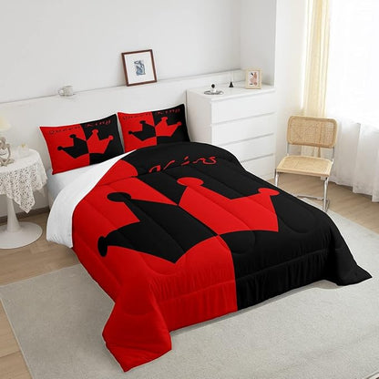 Feelyou Crown Queen King Comforter Soft Quilt,His Hers Matching Couple Bedding Set for Girls Boys Teens, Romantic Valentine's Day Black Red Comforter Set Collection 3Pcs Full Size Boys