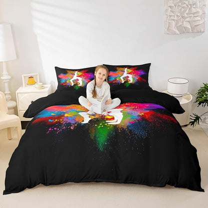 Gymnastics Dancing Duvet Cover King Size,Girls Rainbow Watercolor Tie Dye Bedding Set for Kids Woman Room Decor,Cheerleading Comforter Cover Yoga Lover Quilt Cover 3pcs with 2 Pillowcases,Black