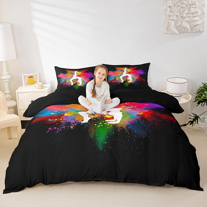 Gymnastics Dance Duvet Cover Twin Size,Rainbow Watercolor Tie Dye Bedding Set for Girls Kids Woman Room Decor,Cheerleading Comforter Cover Yoga Lover Quilt Cover 2pcs with 1 Pillowcase,Black