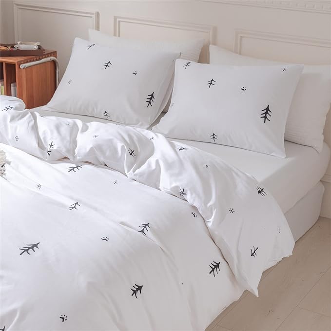 BuLuTu Kids Duvet Cover Twin Cotton White/Grey,Premium Boys Girls Bedding Sets Twin,Single Bed Comforter Cover Zipper Closure,Forest Tree Print Pattern,Super Soft,Breathable,No Comforter