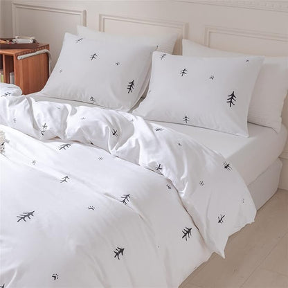 BuLuTu Kids Duvet Cover Twin Cotton White/Grey,Premium Boys Girls Bedding Sets Twin,Single Bed Comforter Cover Zipper Closure,Forest Tree Print Pattern,Super Soft,Breathable,No Comforter
