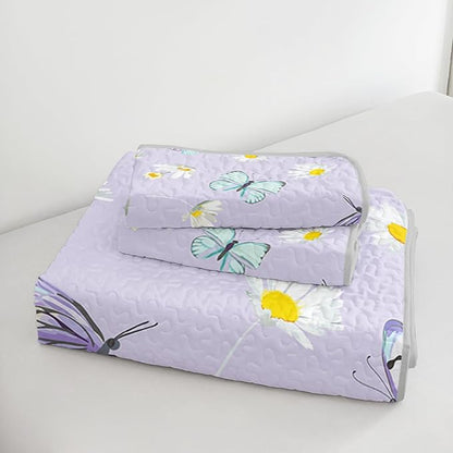 QOOMO Daisy Butterfly Quilt Set Full/Queen Size,Purple Butterfly Bedspread Coverlet Set,Butterflies 3Pcs Bedding Set Printed Quilt with 2 Pillowcases,Soft and Lightweight,for All Seasons