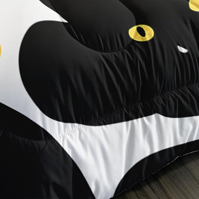 Kids Bedding 3Pcs Cartoon Black Cat Bedding Set Twin Yellow Polka Dots Pattern Comforter Set for Teens Kids Boys Girls Adults Cute Cat Quilt Bed Decor Set with 1 Comforter and 2 Pillowcases