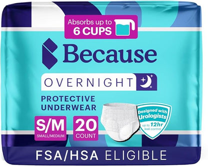 Because Overnight Absorbency Pull Ups - Adult Disposable Incontinence Underwear, Extra Absorbent Nighttime Briefs for Men and Women, White, Small/Medium, 20 Count
