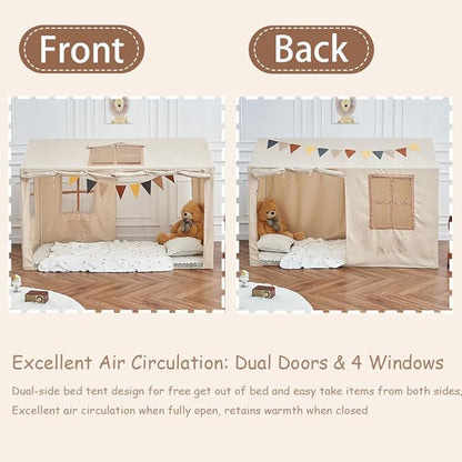 Twin Bed Tent Indoor Bed Canopy Kids Tents for Girls Boys with 2 Doors, Breathable Private Space Floor Fort Bed Tents for Kids Sleeping Tent (Twin, Khaki)