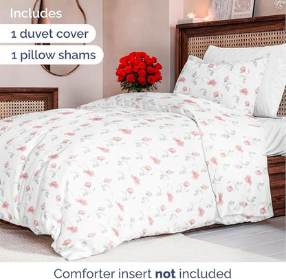 Duvet Cover Twin/Twin XL Size Set - Extra Soft Floral Duvet Cover 68 x 90 with 1 Pillow Sham - Comfy, Breathable Floral Bedding Set - Hotel Luxury & Fade Free with Zipper Closures and Ties - Rosebud