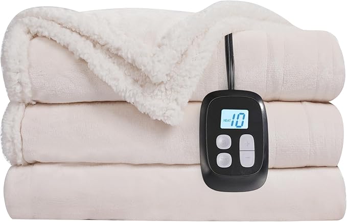 Electric Heated Blanket Twin Size - 62"x84", Soft Flannel Heating Blanket, 10 Heating Levels, 1-12 H Auto Shut Off, Breathable Warm and Washable for Bed, White