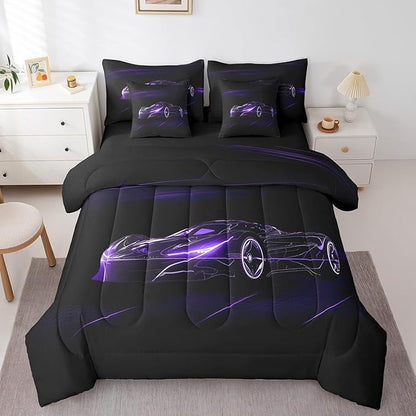 Feelyou Dull Purple Race Car 7 Piece Bedding Set Queen Size for Kids Boys Extreme Sport Games Comforter Set with Sheets Teens Toddler Fast and Furious Bed in a Bag Cool Modern Bed Set