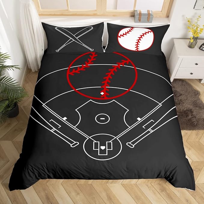 Castle Fairy Baseball Field Print Bedding Set,Boys Ball Sports Games Themed Duvet Cover Set for Children Bedroom Decor, Red Bat Sporting Equipment Comforter with 2 Pillowcases, Queen 90''x90''
