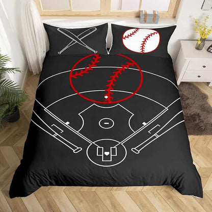 Castle Fairy Baseball Field Print Duvet Cover Set,Boys Ball Sports Games Themed Comforter with 2 Pillowcases,Red Bat Sporting Equipment Breathable Bedspread for Boys Teens Present, Full 80''x90''