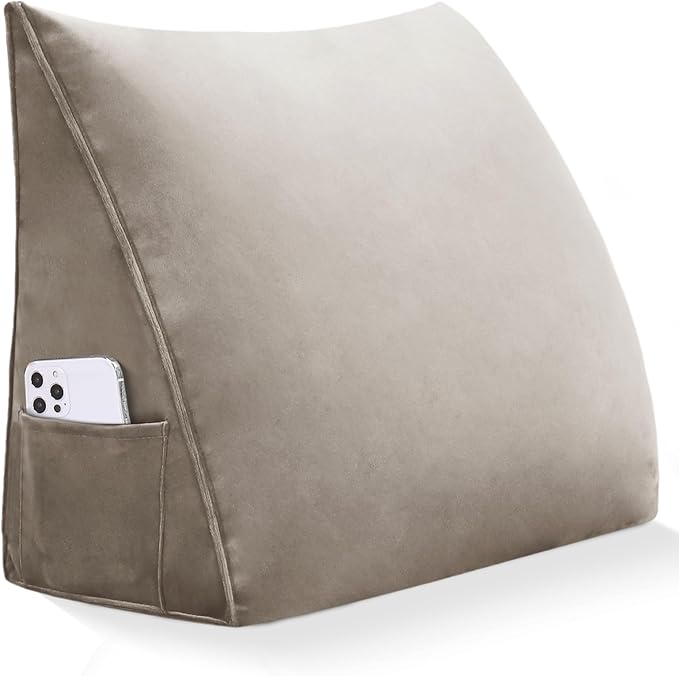 Wedge Headboard Reading Pillow for Bed Velvet Triangular Backrest Bolster Pillow for Sitting Up Daybed Cushion Lumbar Body Support Positioning for Headboard, Couch, Dorm, Camel
