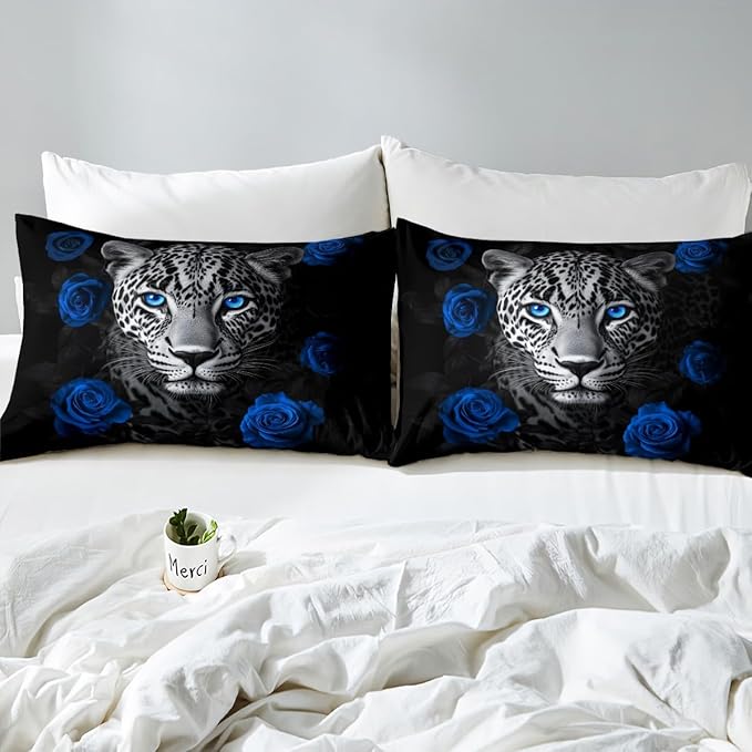 Leopard Duvet Cover Set Full Size, Wildlife Animal Bedding Set for Teens Kids Boys Girls,Blue Rose Flowers Soft Microfiber Comforter Cover with 2 Pillowcases Dorm Decor Quilt Cover 3Pcs