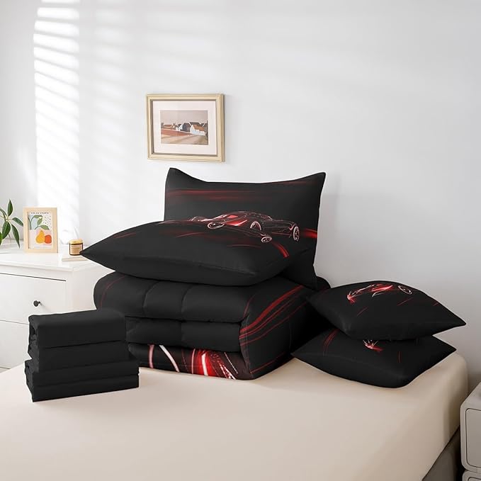 Feelyou Red Race Car 7 Piece Bedding Set King Size for Kids Boys Extreme Sport Games Comforter Set with Sheets Teens Toddler Fast and Furious Bed in a Bag Cool Modern Bed Set