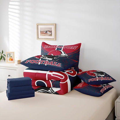 Feelyou Football Comforter Set with Sheets 7 Piece Queen Size Ball Games Bed in a Bag Kids Boys Girls Rugby Bedding Set City of Footballs Bedroom Decor Rugby Sports