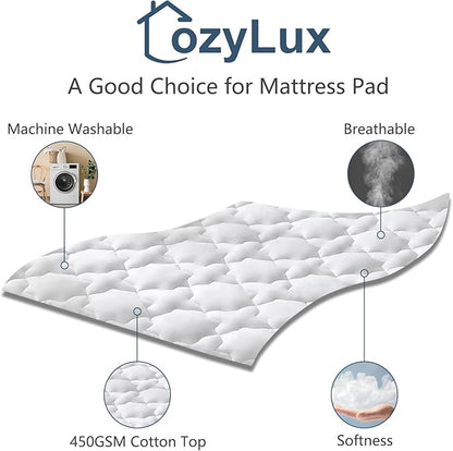 CozyLux Twin Mattress Pad Deep Pocket Up to 21" Non Slip Cotton Cooling Mattress Topper Breathable and Soft Quilted Fitted Mattress Cover Thick Pillowtop 450GSM Bed Mattress Pad (39x75) Inches White