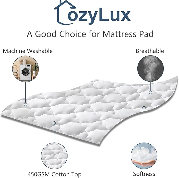CozyLux Full Size Mattress Pad Mattress Topper Deep Pocket Up to 21" Non Slip Cotton Cooling Mattress Cover Breathable and Soft Thick Pillowtop 450GSM Bed Mattress Protector (54x75) Inches White