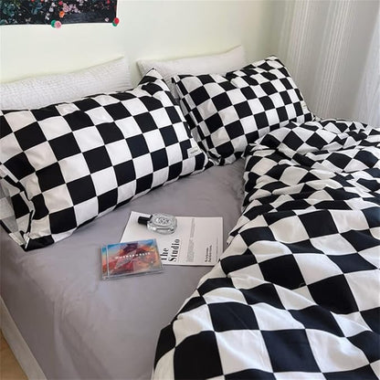Wellboo Black White Plaid Comforter Sets Queen Women Men Black and White Checkerboard Grid Bedding Comforters Cotton Boys Girls Modern Checkered Geometric Quilts Luxury Abstract White Bedding