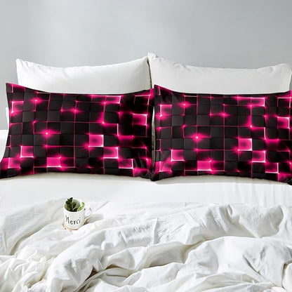Castle Fairy Geometric Bedding Set Twin Size,3D Abstract Modern Square Grid Print Comforter Cover Set for Kids Girls,Shiny Pink Neon Light Black Bedding Quilt Cover Set Bedroom Decor, 2 Pcs