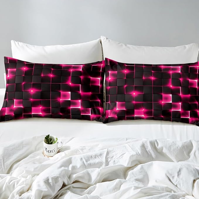 Castle Fairy Geometric Bedding Set King Size for Teens,3D Abstract Modern Square Grid Print Comforter Cover with 2 Pillowcases,Shiny Pink Neon Light Black Duvet Cover Set Microfiber Quilt Cover