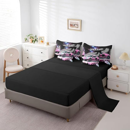 Feelyou Pink Racing Car 7 Piece Bedding Set Queen Size Extreme Sport Comforter Set with Sheets for Kids Boys Girls Teens Toddler Fast and Furious Bed in a Bag Black White Flag Bed Set