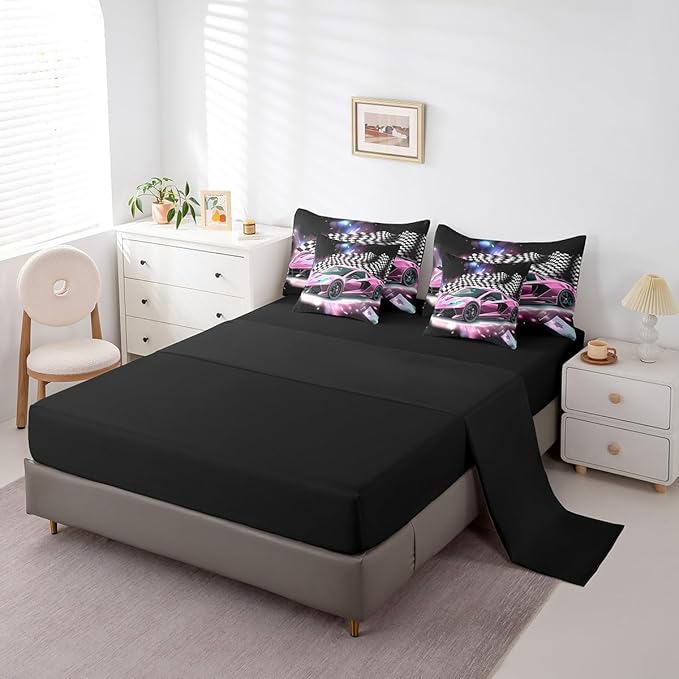 Feelyou Pink Racing Car 7 Piece Bedding Set Full Size Extreme Sport Comforter Set with Sheets for Kids Boys Girls Teens Toddler Fast and Furious Bed in a Bag Black White Flag Bed Set