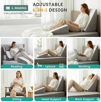 Wedge Pillow for Sleeping – Memory Foam Bed Wedge for Acid Reflux, Snoring, Back & Leg Elevation, Post-Surgery Recovery – Ergonomic Triangle Pillow with Removable White & Grey Washable Cover