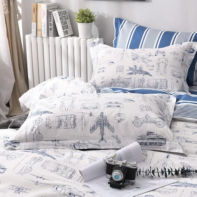 Wellboo Aircraft Comforter Sets Queen Boys Kids Plane Cartoon Tank Bedding Comforters Cotton Toddler Children White and Blue Aviation Quilts Blue Military Cars Transport Army Blankets Vehicles Bedding