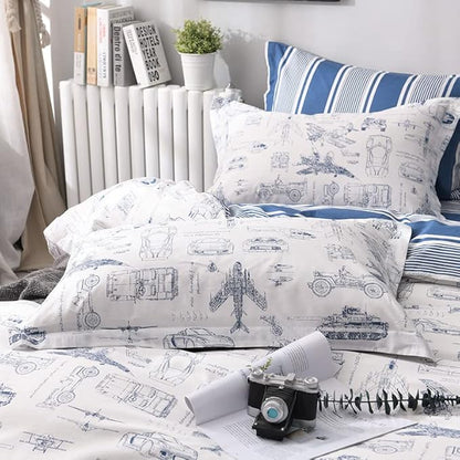 Wellboo Aircraft Comforter Sets Queen Boys Kids Plane Cartoon Tank Bedding Comforters Cotton Toddler Children White and Blue Aviation Quilts Blue Military Cars Transport Army Blankets Vehicles Bedding