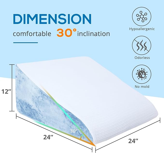 Sasttie Wedge Pillow, 12 Inch Memory Foam Bed Wedge Pillow for Sleeping, Acid Reflux, Back Pain, Post Surgery, and Snoring, Designed with Washable Cover, Sky Gray