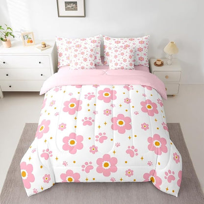 Feelyou Pink Flower 7 Piece Bedding Set Cute Dog Paw Print Comforter Set with Sheets for Kids Boys Girls Star Print Bed in a Bag Kawaii Bed Set Soft Lightweight